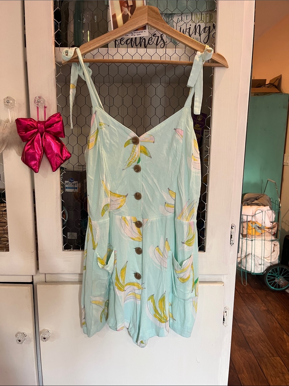 LC Lauren Conrad Mint Green Banana Print Tie-Strap Romper